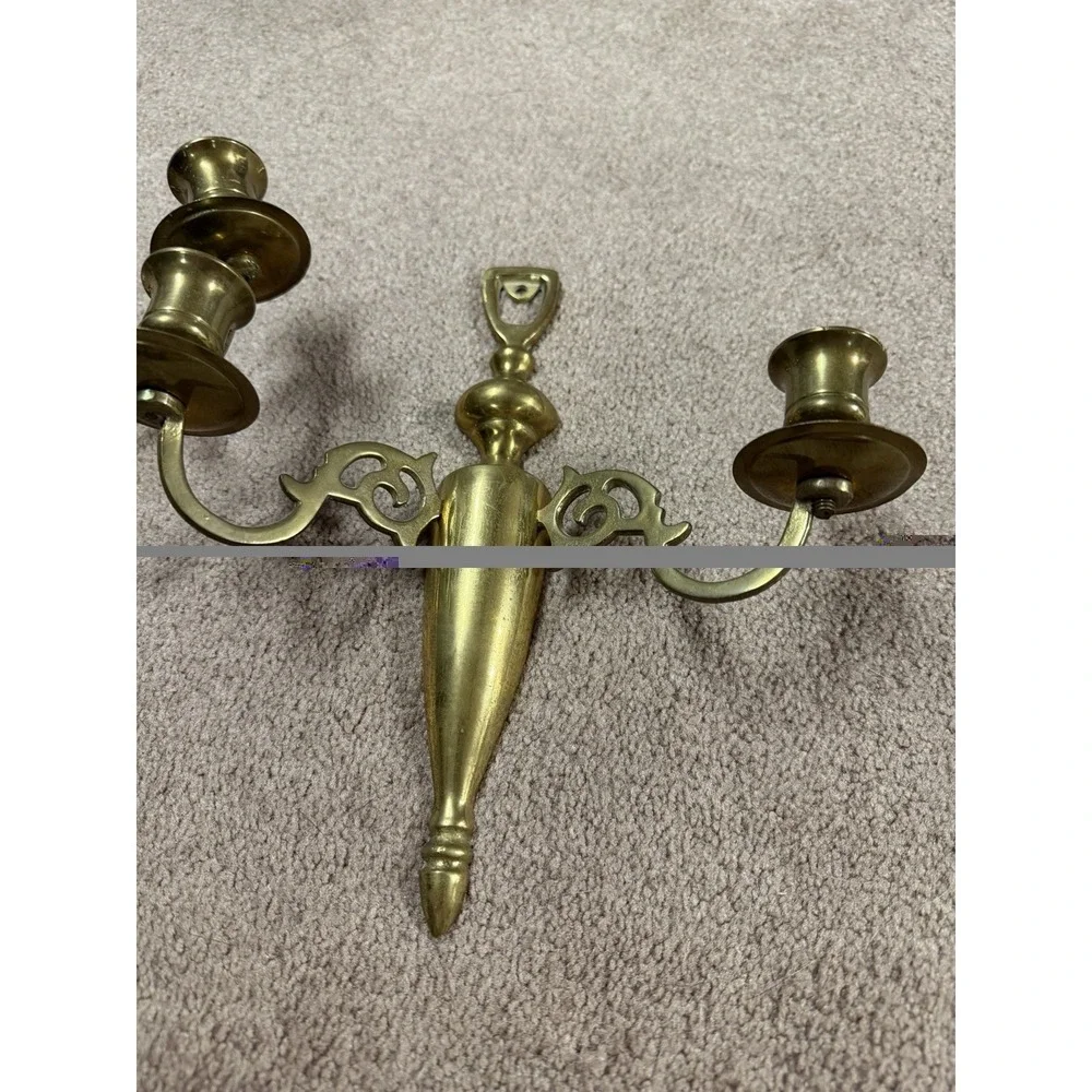 Vintage Solid Brass 2 Arm Candle Holder Wall Mounted Sconce Candelabra 10